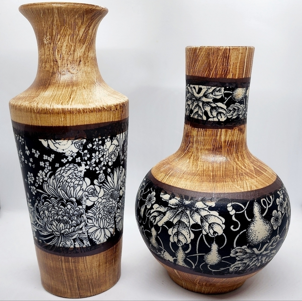 Vintage Antique Japanese Ice Plum Gourd Guanyin Imitation Wood Vase Set